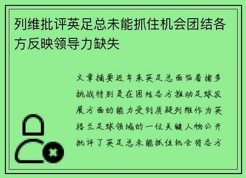 列维批评英足总未能抓住机会团结各方反映领导力缺失