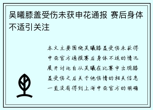 吴曦膝盖受伤未获申花通报 赛后身体不适引关注